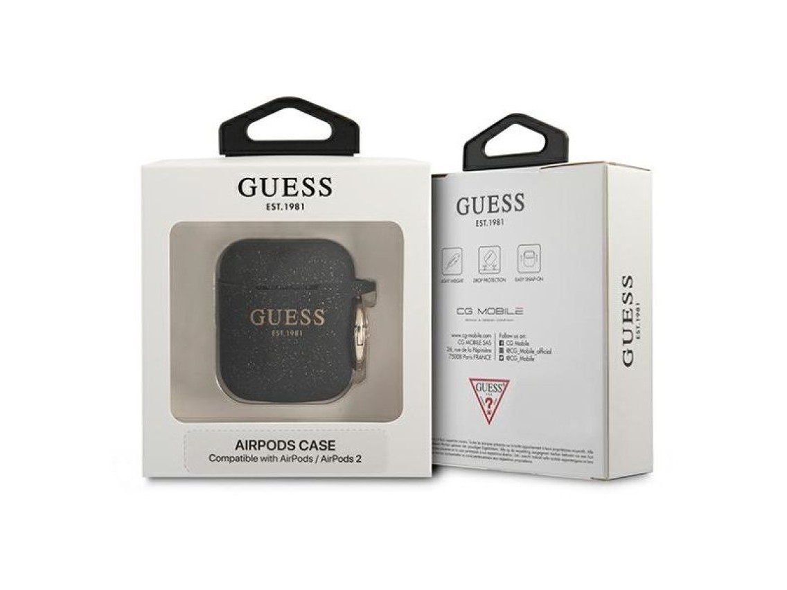 Capa para AirPods Guess GUA2SGGEK, preta/preta, de silicone com glitter.
