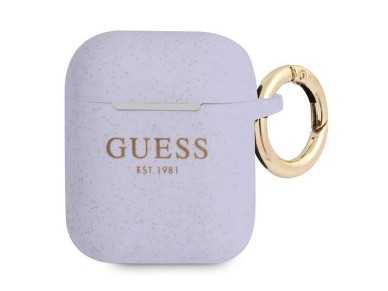 Capa para AirPods Guess GUA2SGGEU em silicone com glitter roxo.