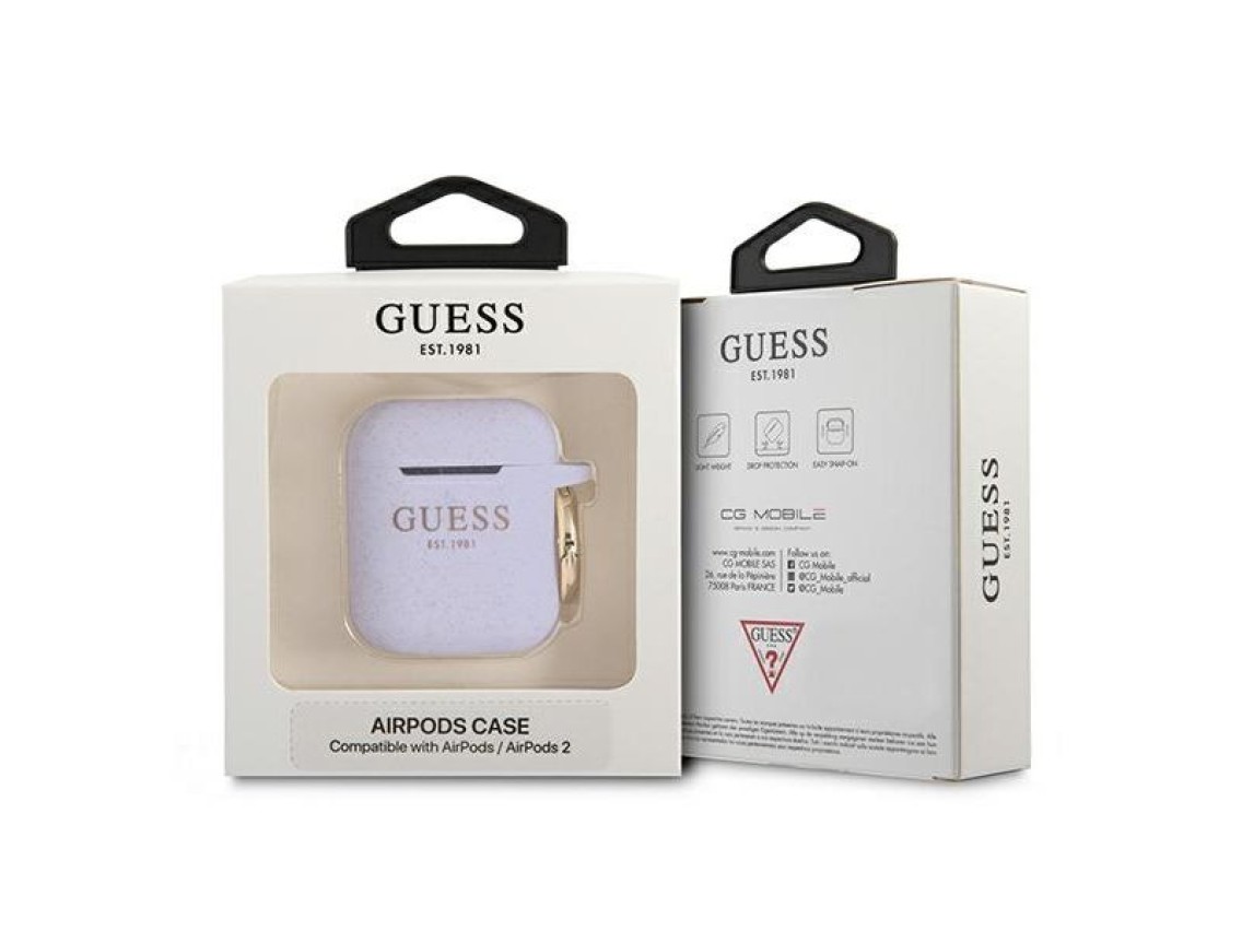 Capa para AirPods Guess GUA2SGGEU em silicone com glitter roxo.