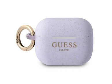Capa Guess GUAPSGGEU para AirPods Pro, em silicone com glitter roxo.