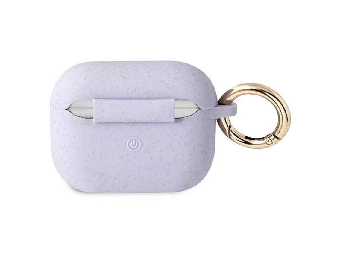 Capa Guess GUAPSGGEU para AirPods Pro, em silicone com glitter roxo.