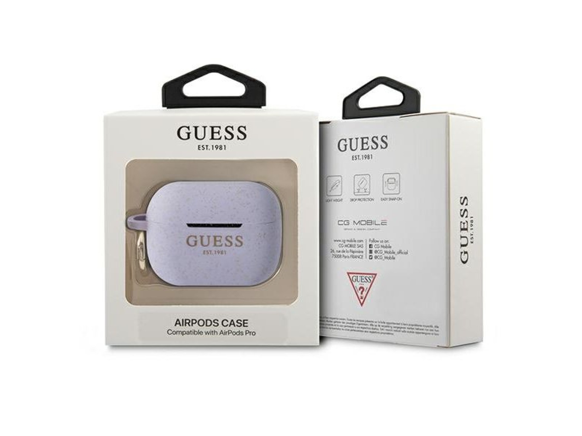 Capa Guess GUAPSGGEU para AirPods Pro, em silicone com glitter roxo.