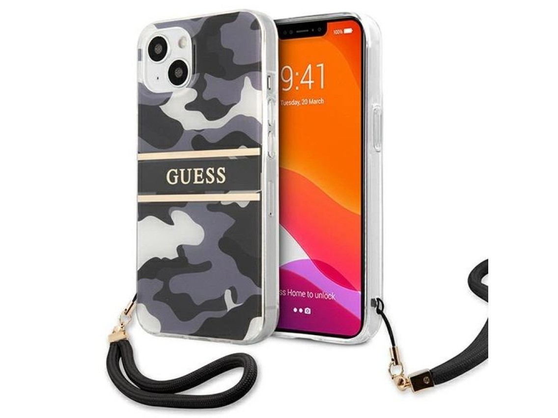 Guess GUHCP13SKCABBK iPhone 13 mini 5.4" capa rígida preta/preta com alça camuflada