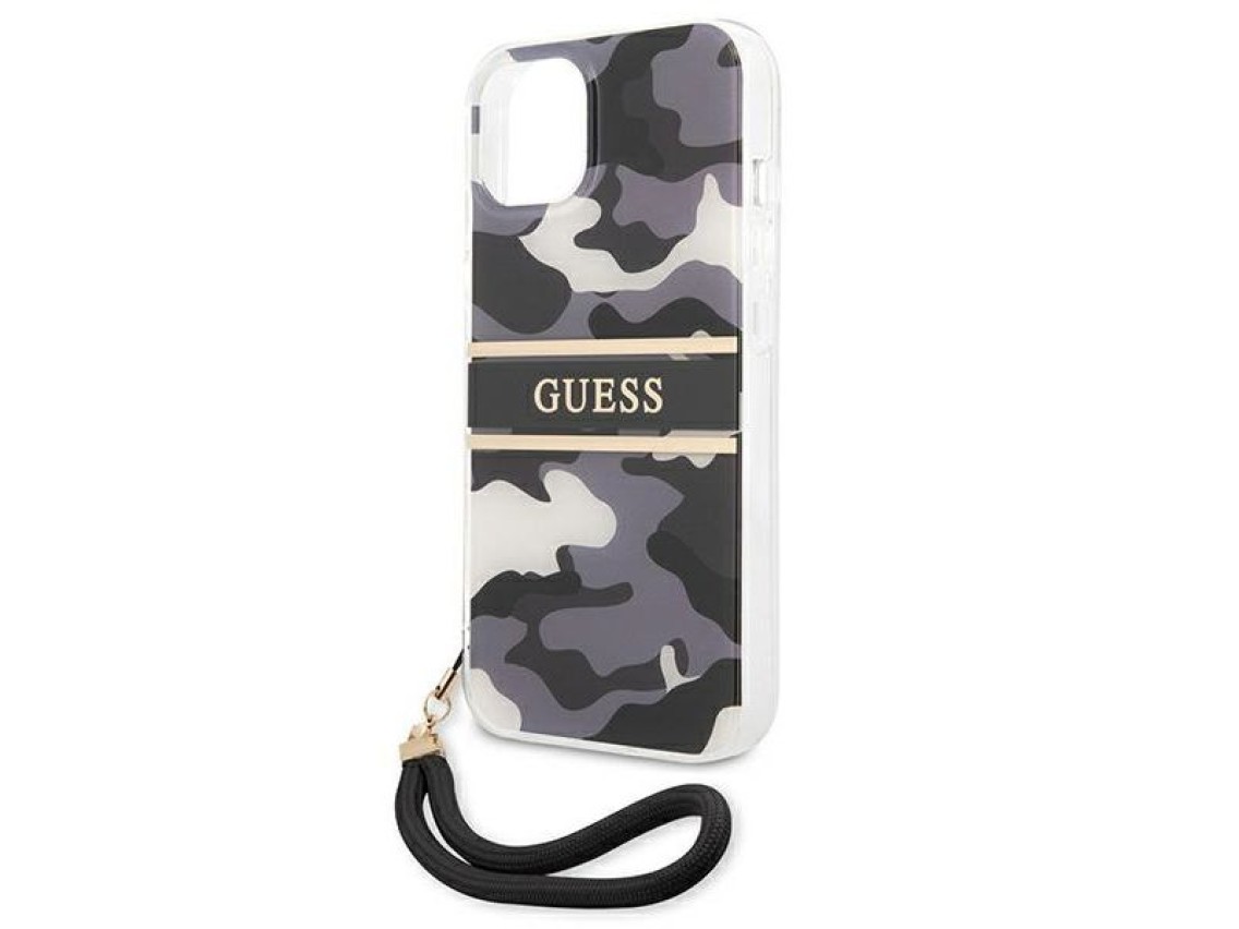 Guess GUHCP13SKCABBK iPhone 13 mini 5.4" capa rígida preta/preta com alça camuflada