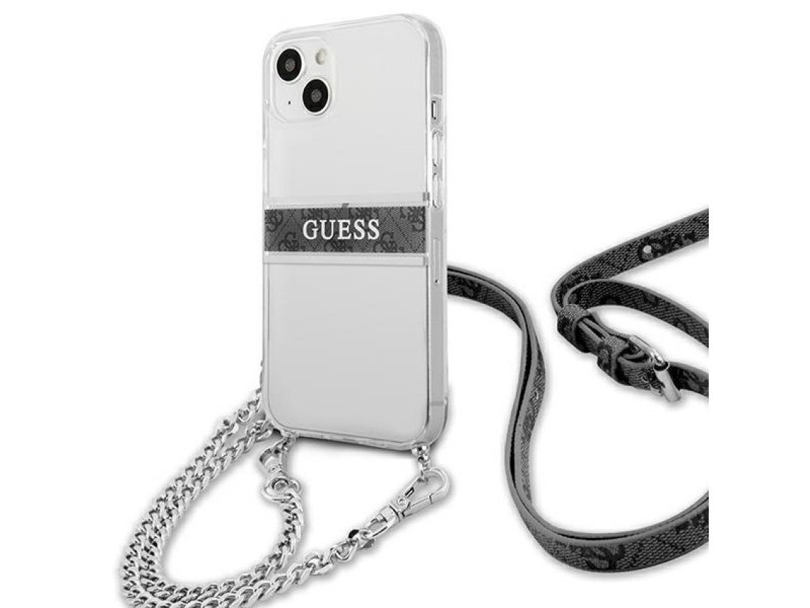 Capa rígida transparente Guess GUHCP13SKC4GBSI para iPhone 13 mini 5.4" 4G, com alça cinza e corrent