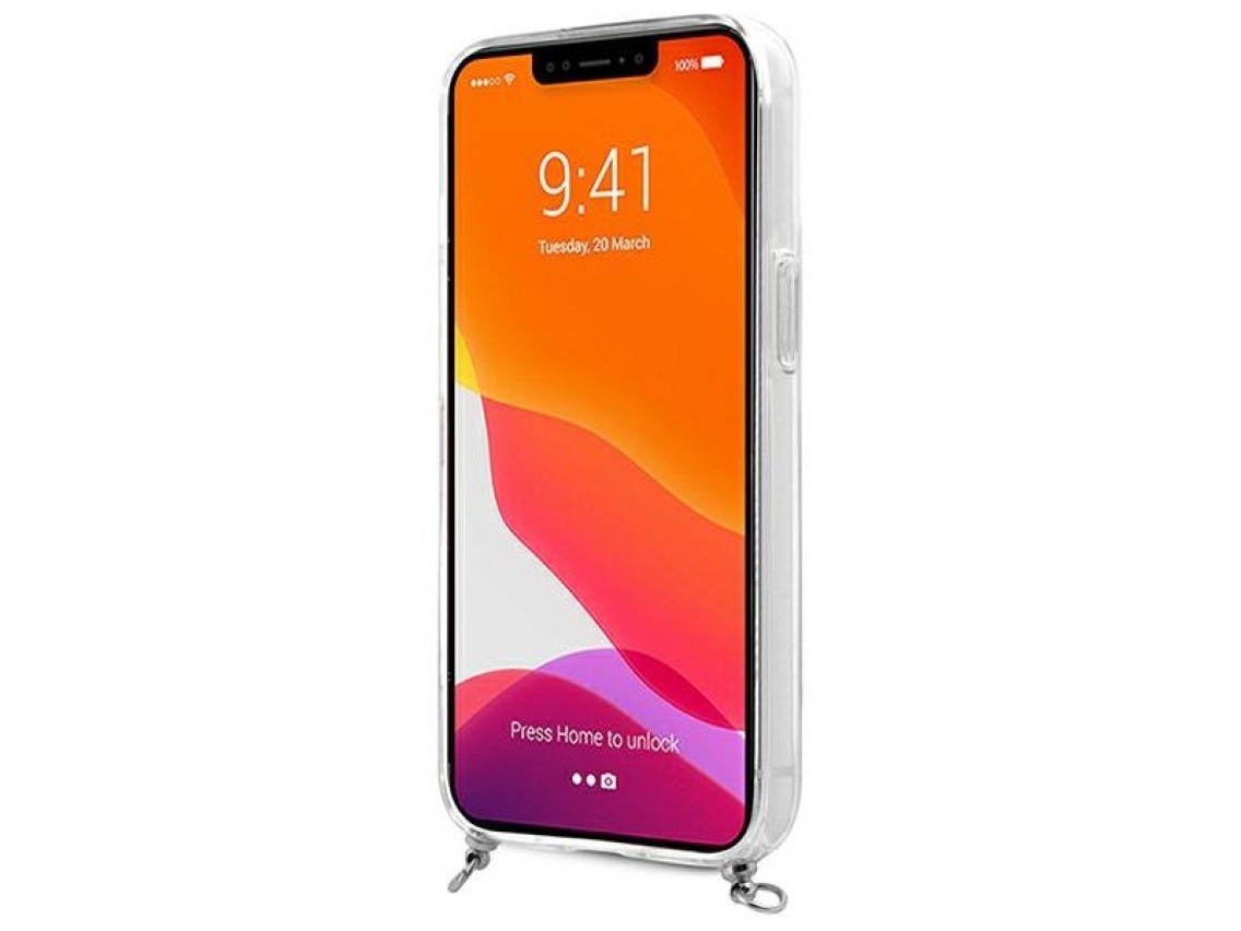 Capa rígida transparente Guess GUHCP13SKC4GBSI para iPhone 13 mini 5.4" 4G, com alça cinza e corrent