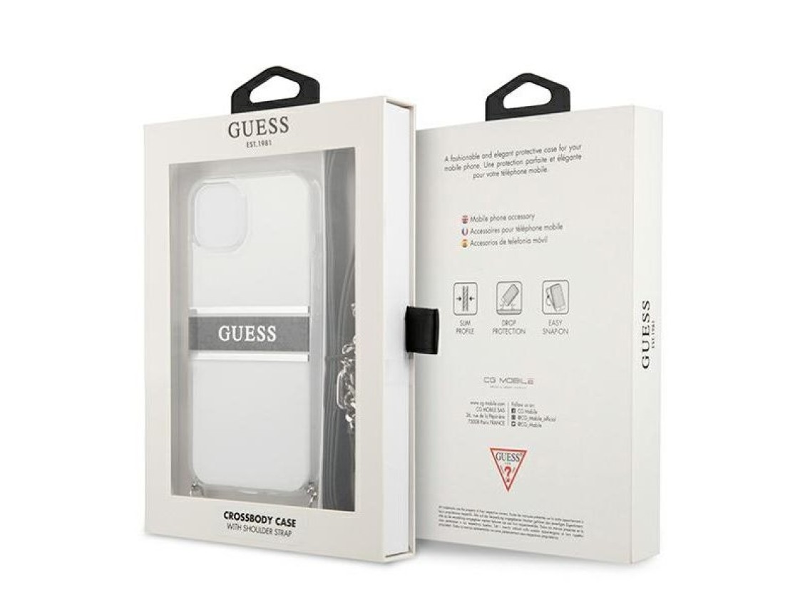 Capa rígida transparente Guess GUHCP13SKC4GBSI para iPhone 13 mini 5.4" 4G, com alça cinza e corrent