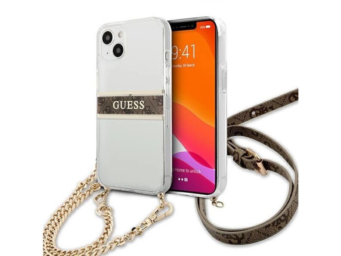 Funda rígida transparente Guess GUHCP13SKC4GBGO para iPhone 13 mini de 5,4" con correa marrón y cade