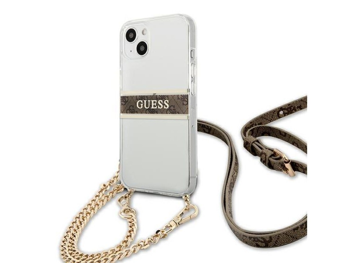 Funda rígida transparente Guess GUHCP13SKC4GBGO para iPhone 13 mini de 5,4" con correa marrón y cade