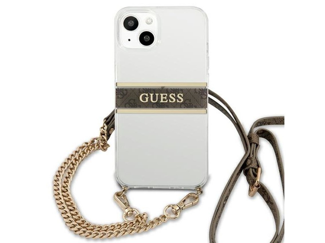 Funda rígida transparente Guess GUHCP13SKC4GBGO para iPhone 13 mini de 5,4" con correa marrón y cade