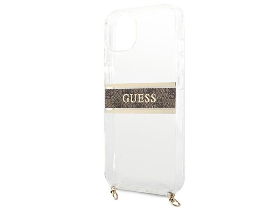Funda rígida transparente Guess GUHCP13SKC4GBGO para iPhone 13 mini de 5,4" con correa marrón y cade