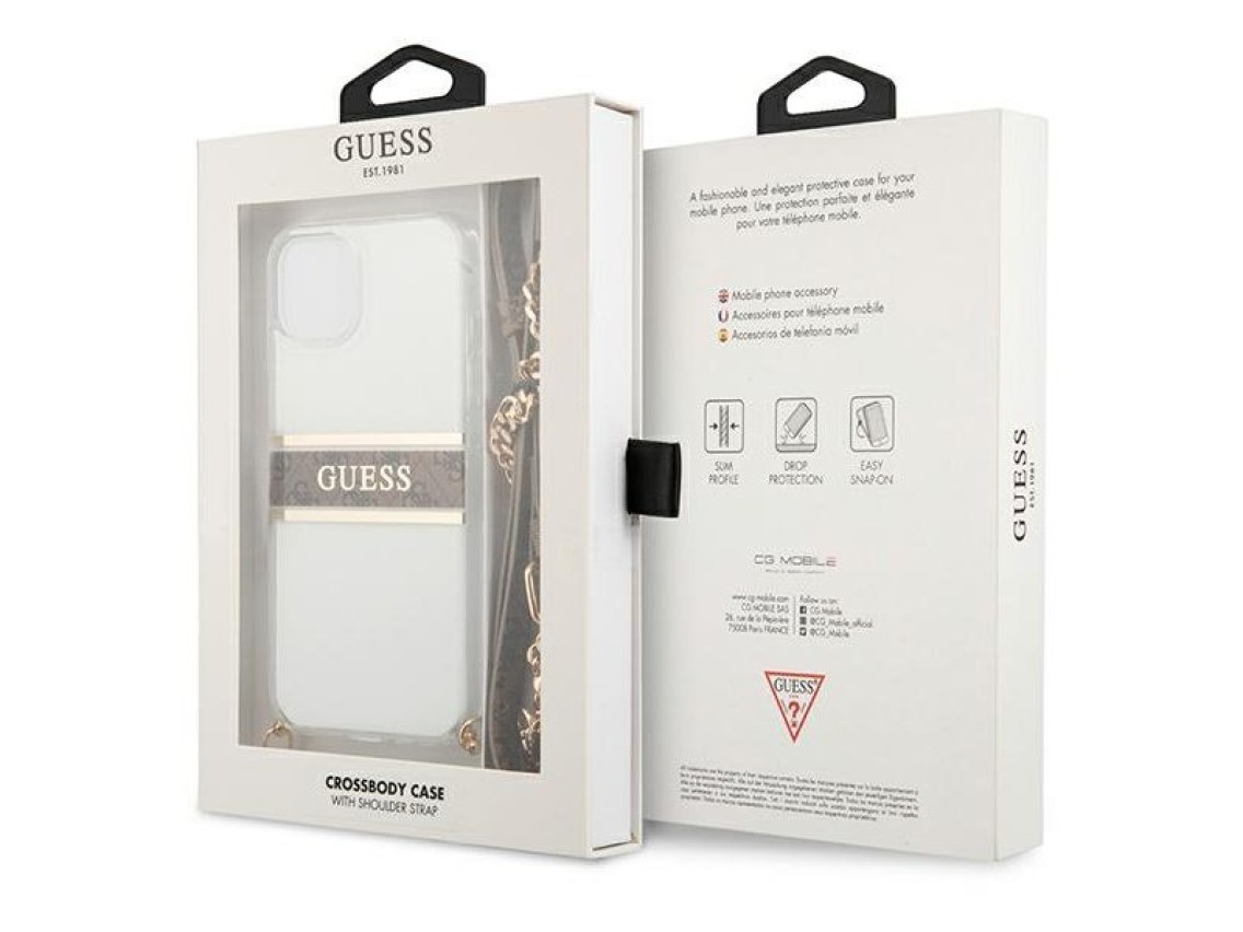 Funda rígida transparente Guess GUHCP13SKC4GBGO para iPhone 13 mini de 5,4" con correa marrón y cade