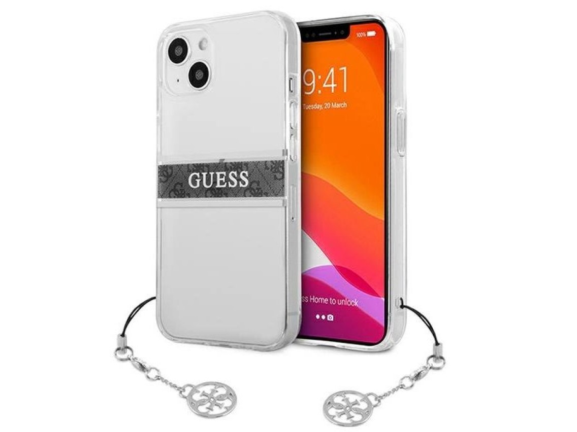 Funda rígida transparente Guess GUHCP13SKB4GGR para iPhone 13 mini de 5,4" con correa gris y dije.