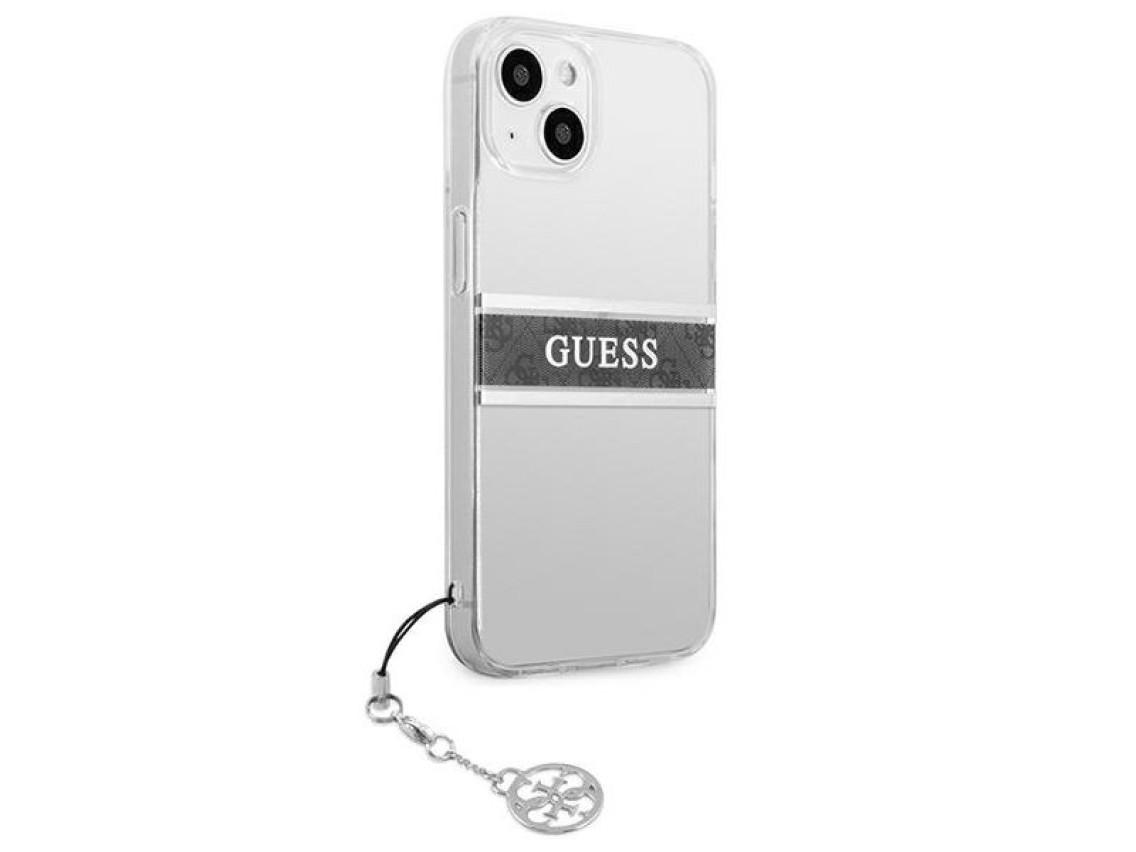 Funda rígida transparente Guess GUHCP13SKB4GGR para iPhone 13 mini de 5,4" con correa gris y dije.