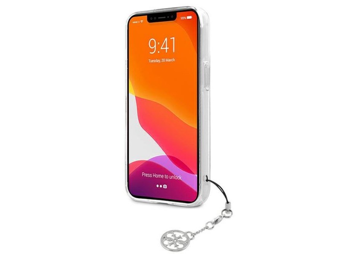 Funda rígida transparente Guess GUHCP13SKB4GGR para iPhone 13 mini de 5,4" con correa gris y dije.