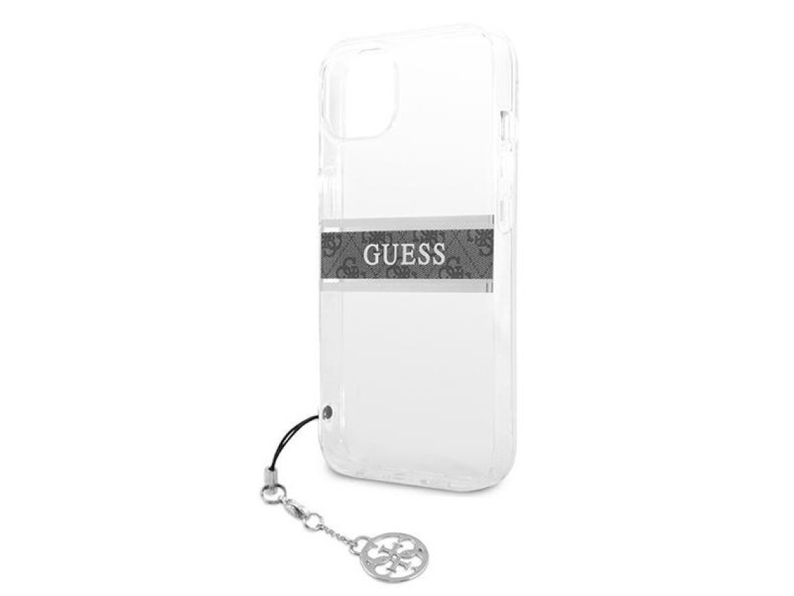 Funda rígida transparente Guess GUHCP13SKB4GGR para iPhone 13 mini de 5,4" con correa gris y dije.