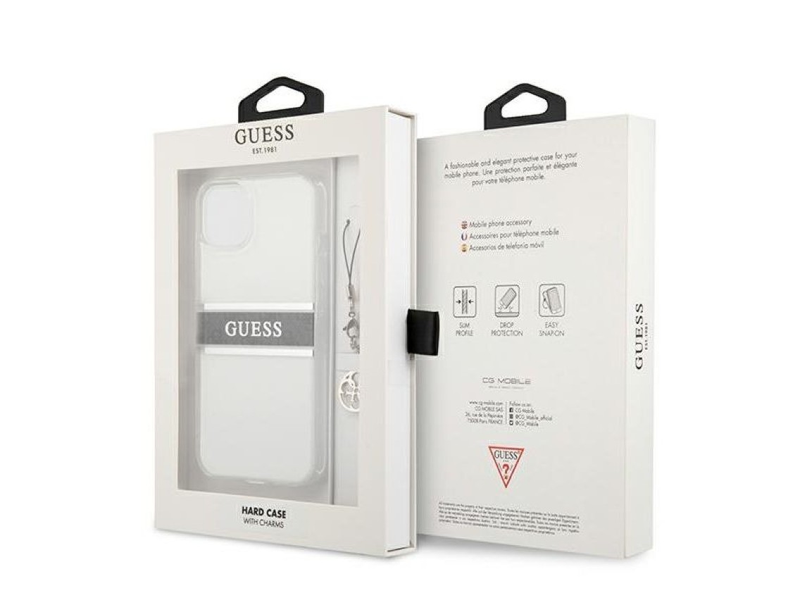Funda rígida transparente Guess GUHCP13SKB4GGR para iPhone 13 mini de 5,4" con correa gris y dije.
