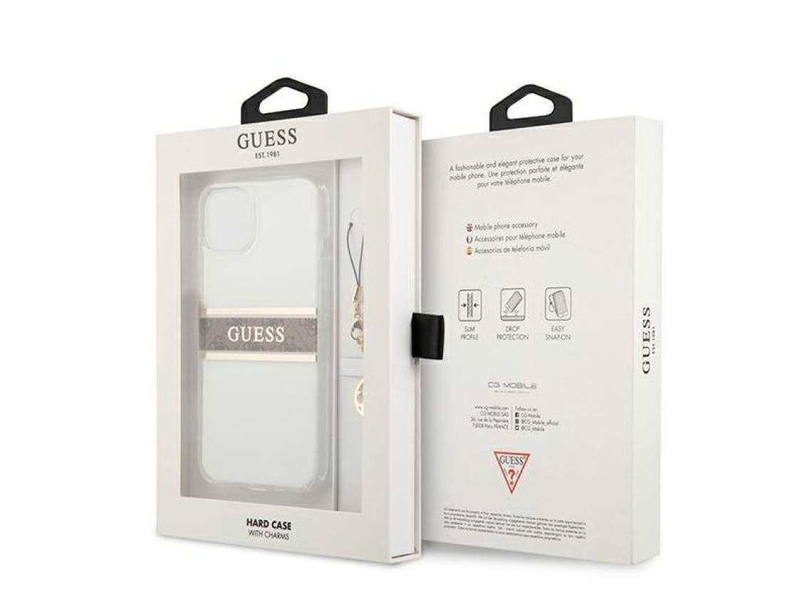 Guess GUHCP13SKB4GBR iPhone 13 mini 5.4" Transparent hardcase 4G Brown Strap Charm