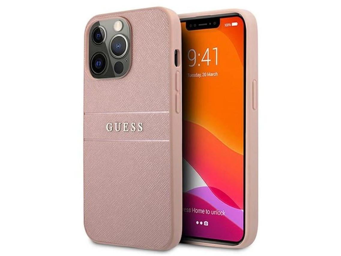 Capa rígida rosa/rosa com listras Saffiano Guess GUHCP13XPSASBPI para iPhone 13 Pro Max 6.7"