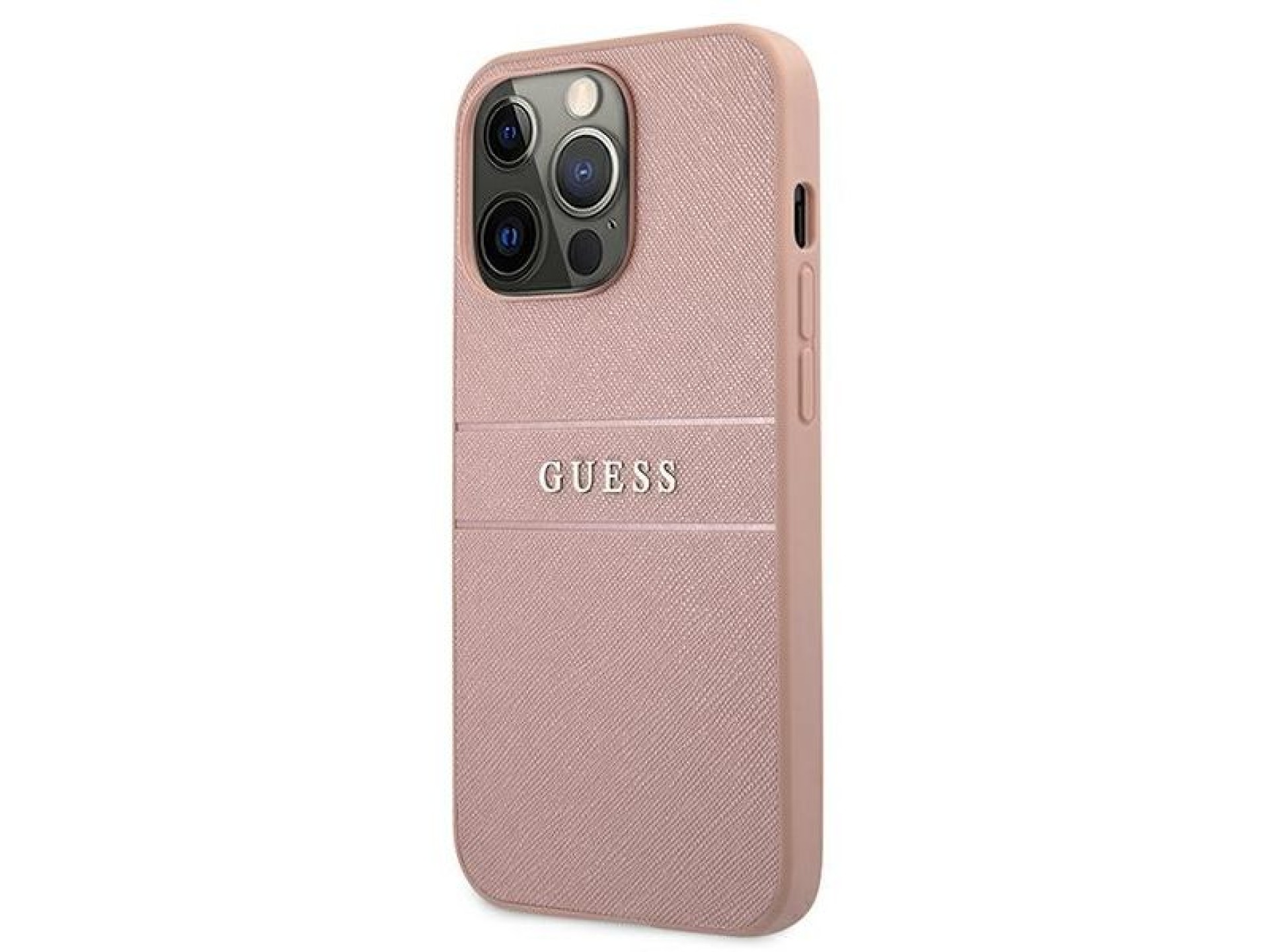 Capa rígida rosa/rosa com listras Saffiano Guess GUHCP13XPSASBPI para iPhone 13 Pro Max 6.7
