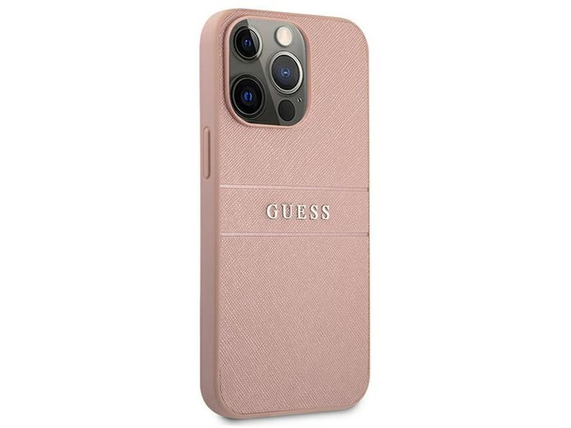 Capa rígida rosa/rosa com listras Saffiano Guess GUHCP13XPSASBPI para iPhone 13 Pro Max 6.7