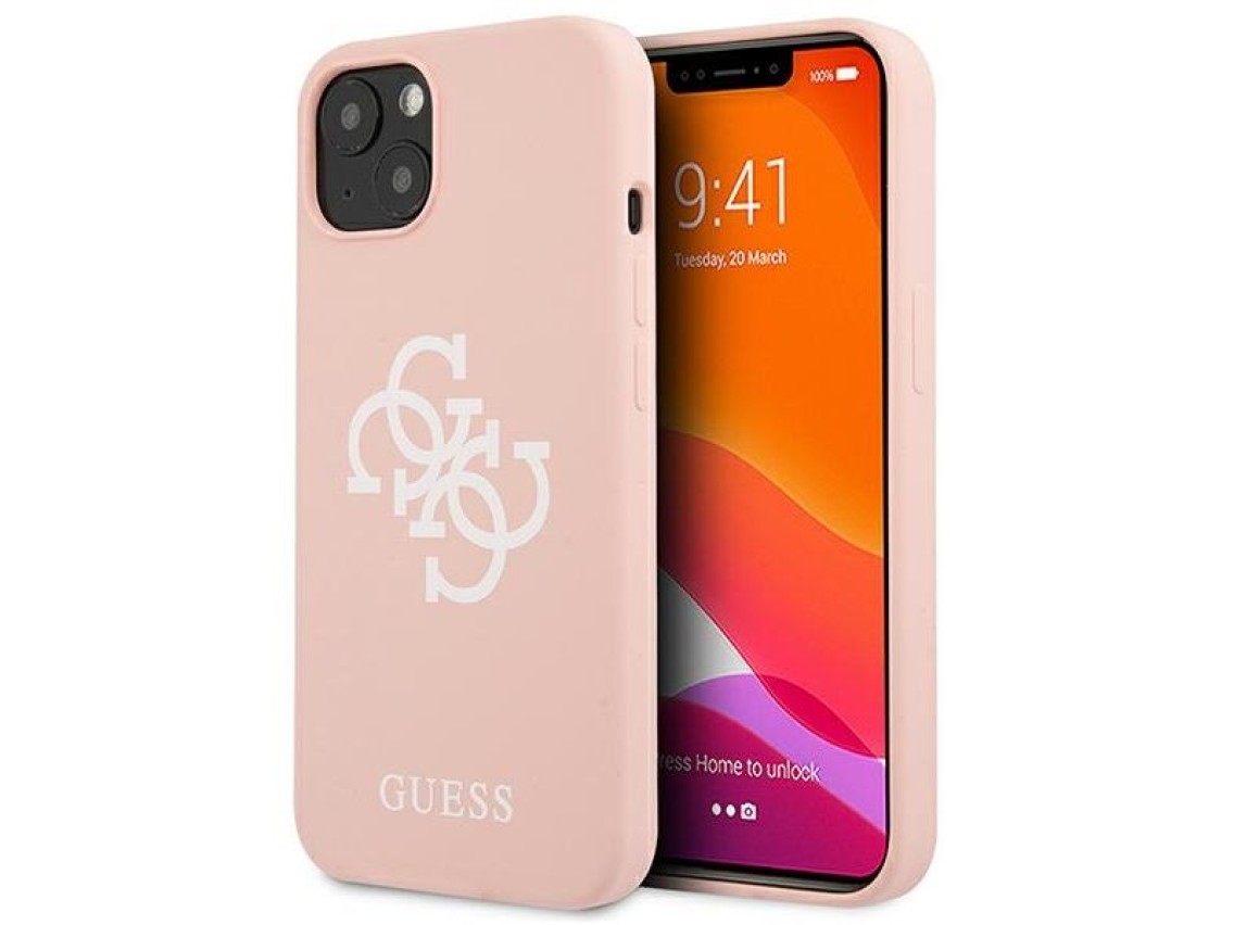 Funda de silicona Guess con logo 4G para iPhone 13 / 14 / 15 - Rosa