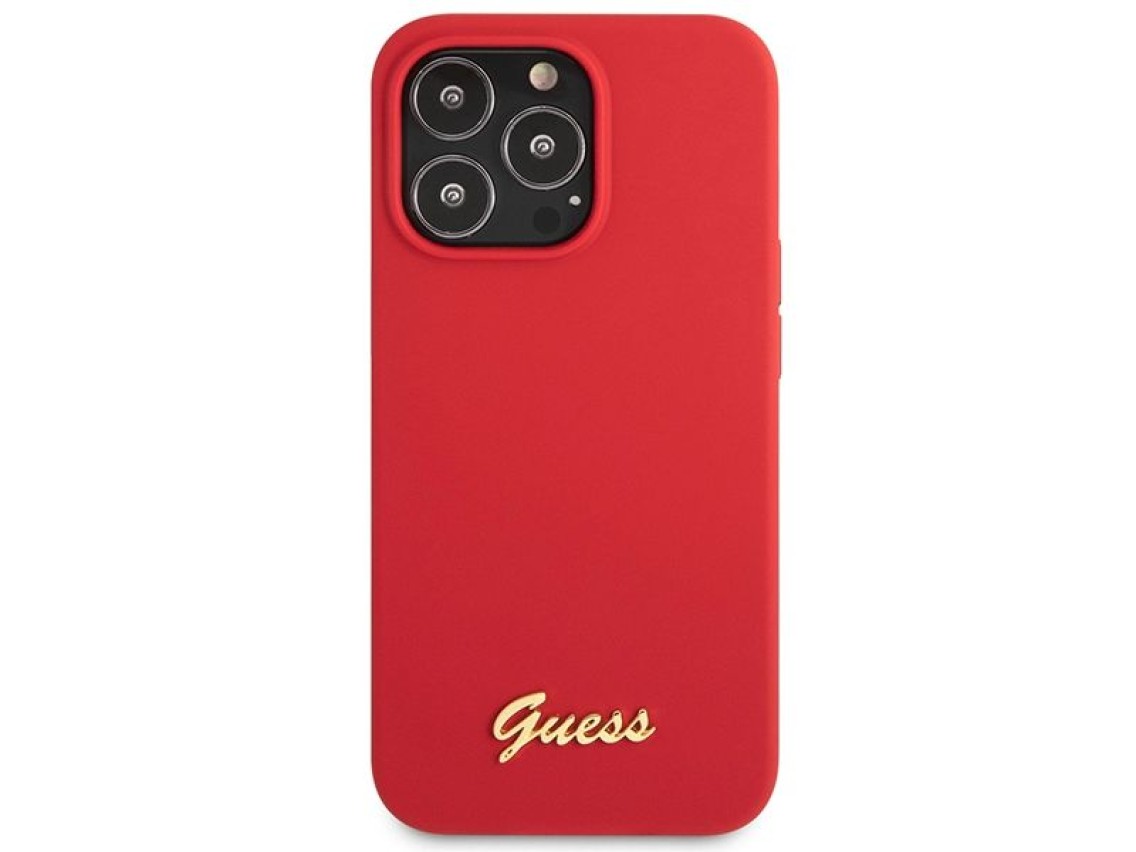 Capa rígida Guess GUHCP13XLSLMGRE para iPhone 13 Pro Max 6.7" nas cores vermelho/bordô, com logotipo