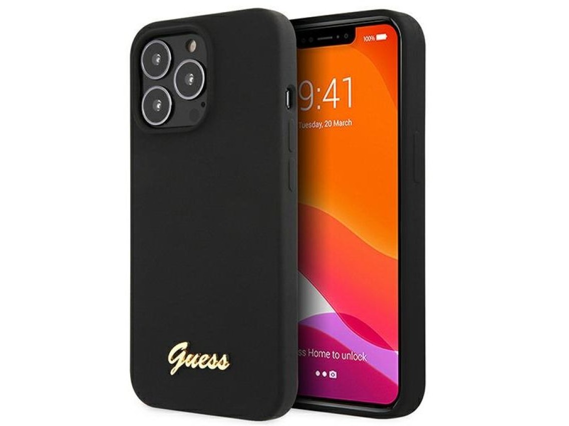 Capa rígida de silicone Guess GUHMP13XLSLMGBK para iPhone 13 Pro Max 6.7" preta/preta com logotipo d
