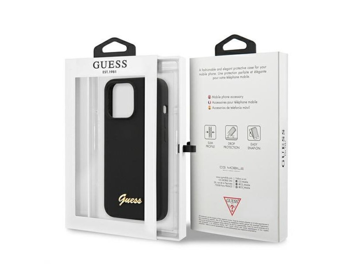 Capa rígida de silicone Guess GUHMP13XLSLMGBK para iPhone 13 Pro Max 6.7" preta/preta com logotipo d