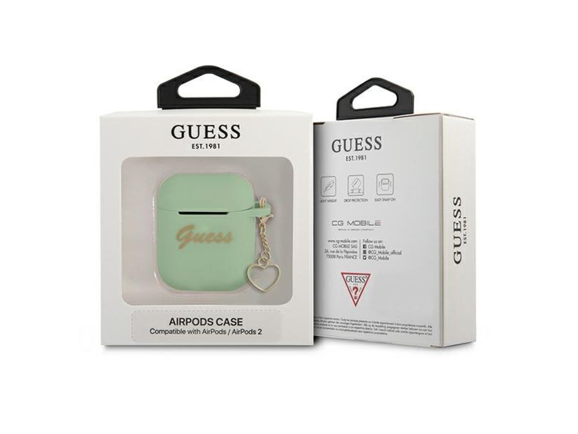 Capa para AirPods Guess GUA2LSCHSN, verde/verde, em silicone, com pingente de coração.