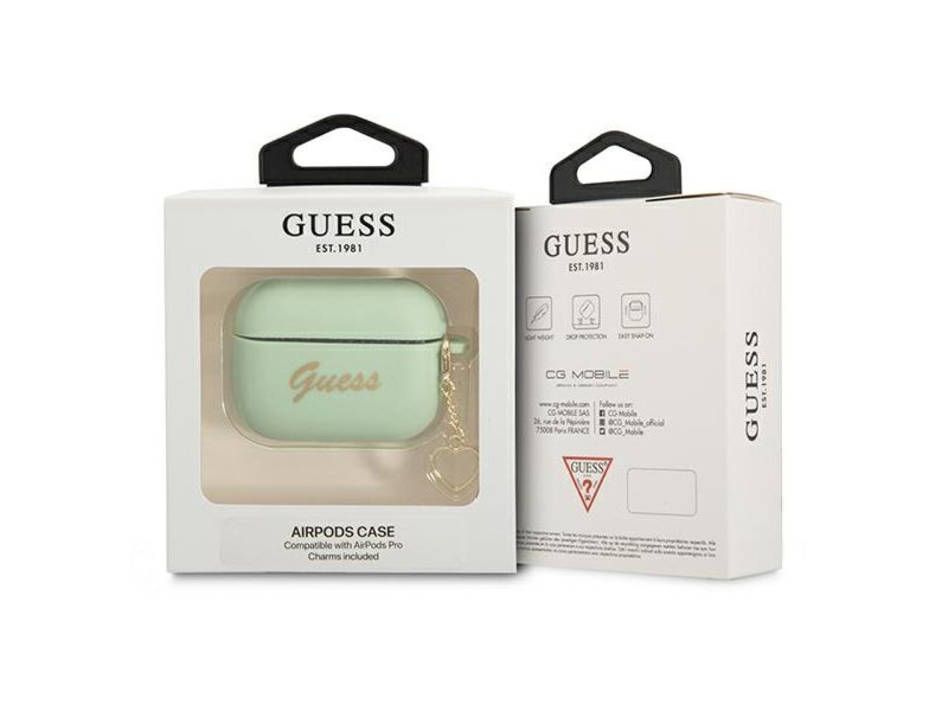 Capa para AirPods Pro Guess GUAPLSCHSN, verde/verde, em silicone, com pingente de coração.