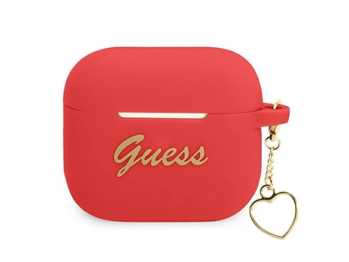 Capa para AirPods 3 Guess GUA3LSCHSR, vermelha/vermelha, em silicone, com pingente de cora��o.