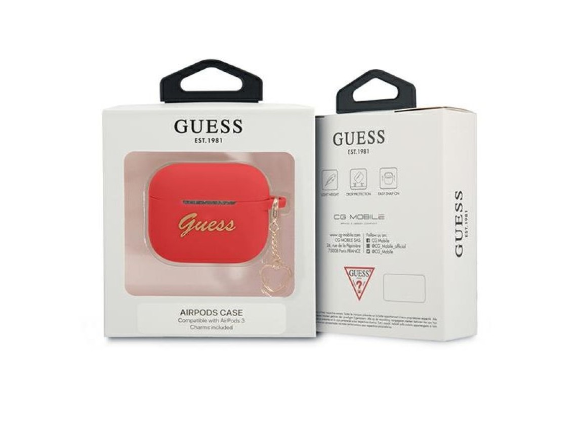 Capa para AirPods 3 Guess GUA3LSCHSR, vermelha/vermelha, em silicone, com pingente de cora��o.