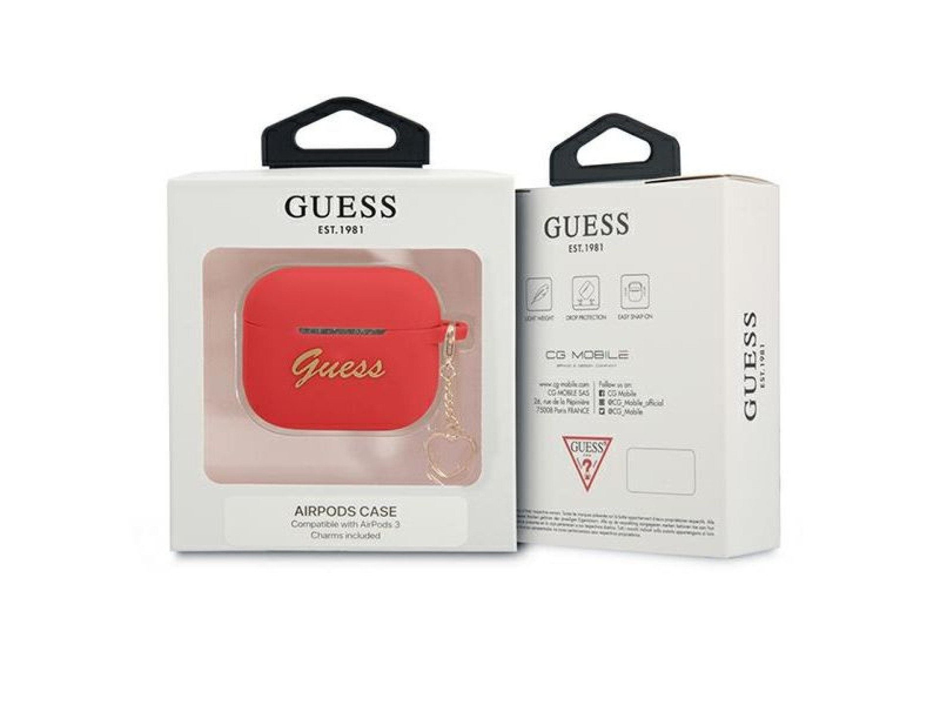 Capa para AirPods 3 Guess GUA3LSCHSR, vermelha/vermelha, em silicone, com pingente de coração.