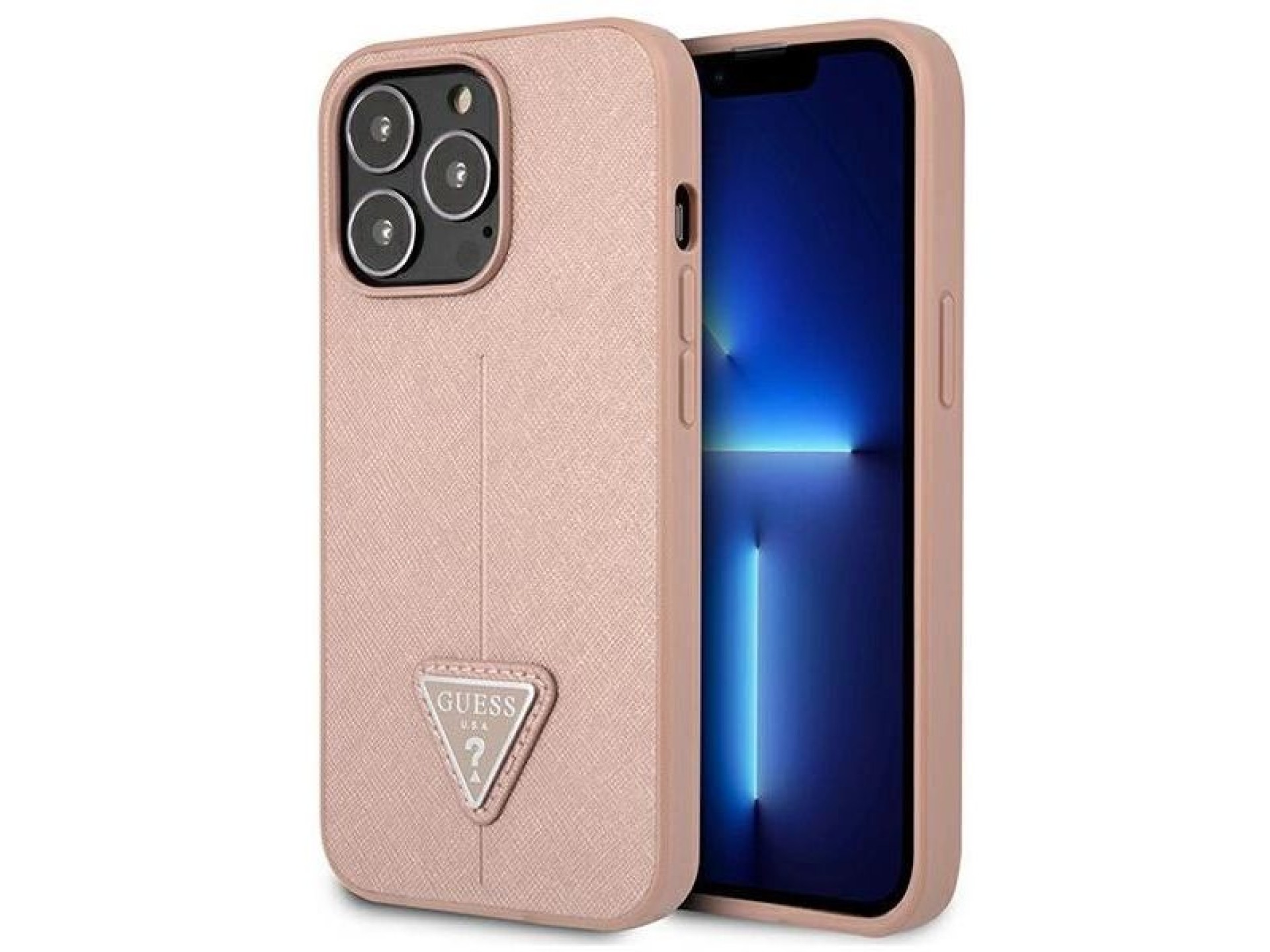 Capa rígida rosa/rosa com logo triangular em couro Saffiano Guess GUHCP13LPSATLP para iPhone 13 Pro