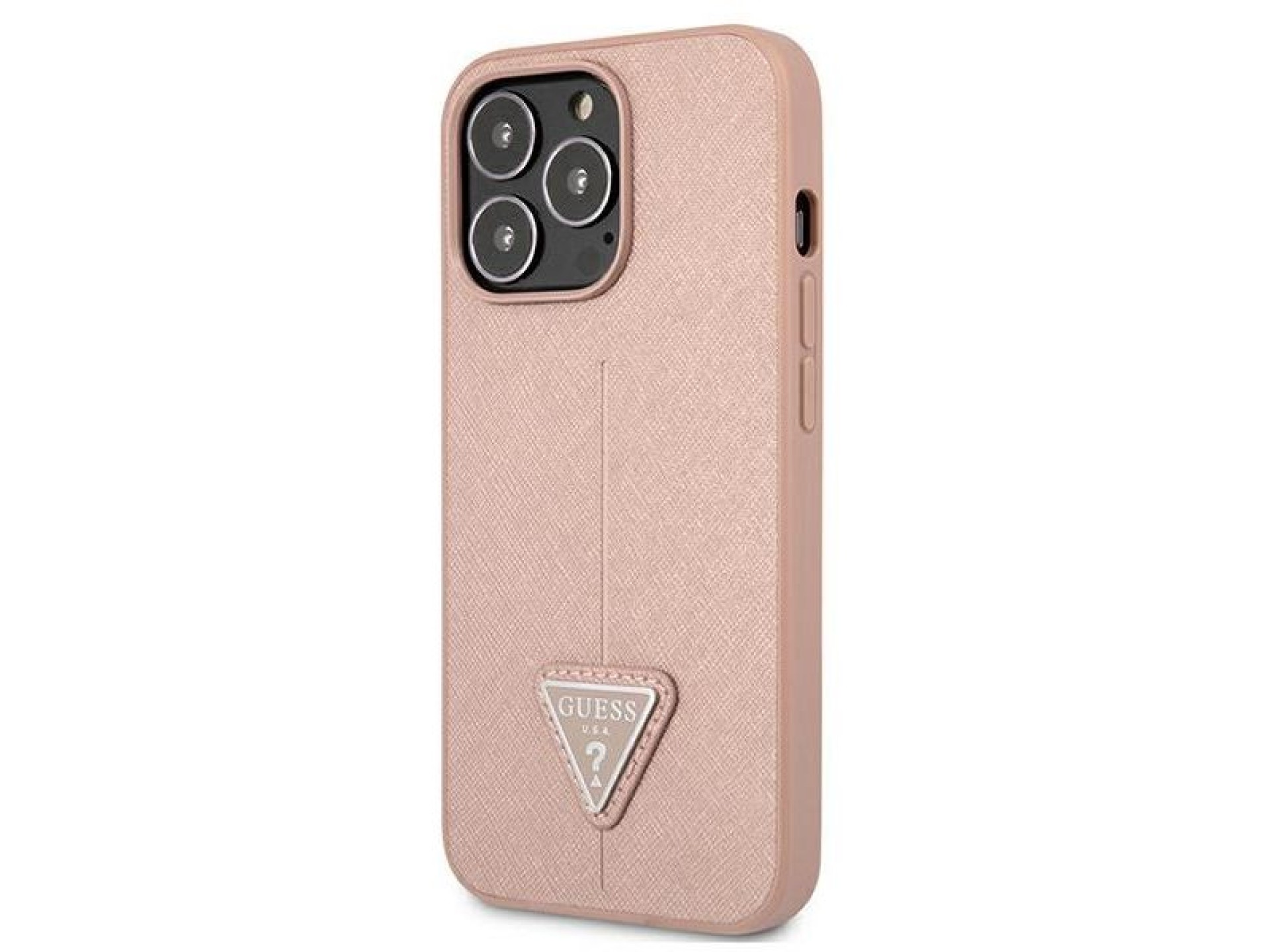 Capa rígida rosa/rosa com logo triangular em couro Saffiano Guess GUHCP13LPSATLP para iPhone 13 Pro