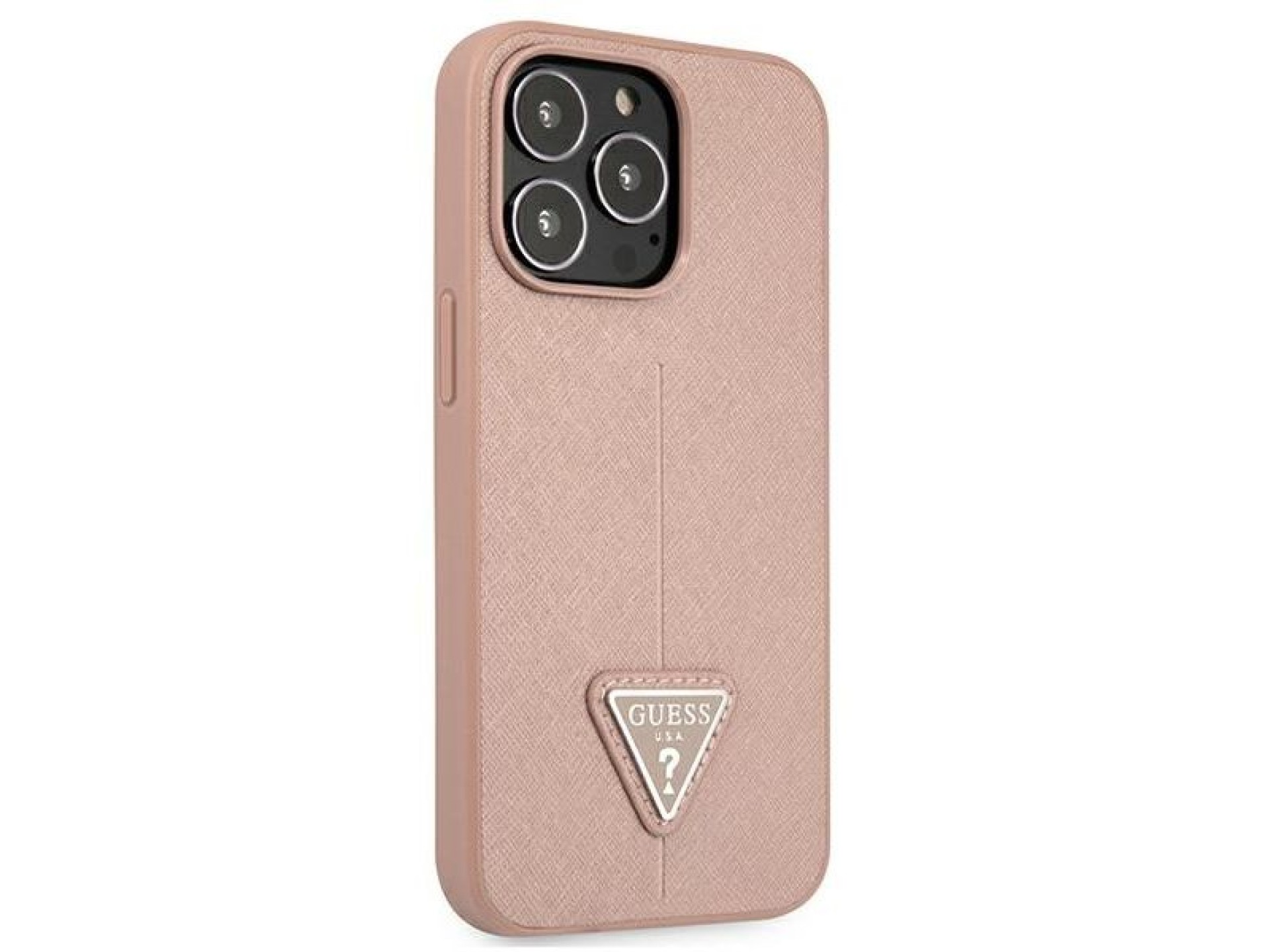 Capa rígida rosa/rosa com logo triangular em couro Saffiano Guess GUHCP13LPSATLP para iPhone 13 Pro