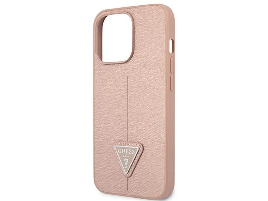 Capa rígida rosa/rosa com logo triangular em couro Saffiano Guess GUHCP13LPSATLP para iPhone 13 Pro