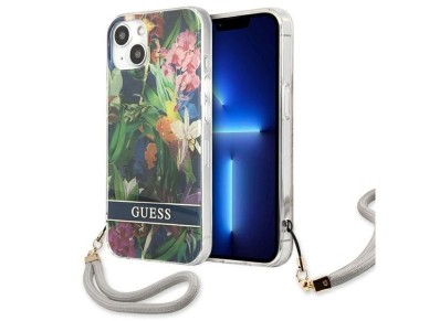 Capa rígida azul/azul Guess GUHCP13SHFLSB para iPhone 13 mini 5.4" com alça de flor Capa rígida azul/azul Guess GUHCP13SHFLSB para iPhone 13 mini 5.4" com alça de flor