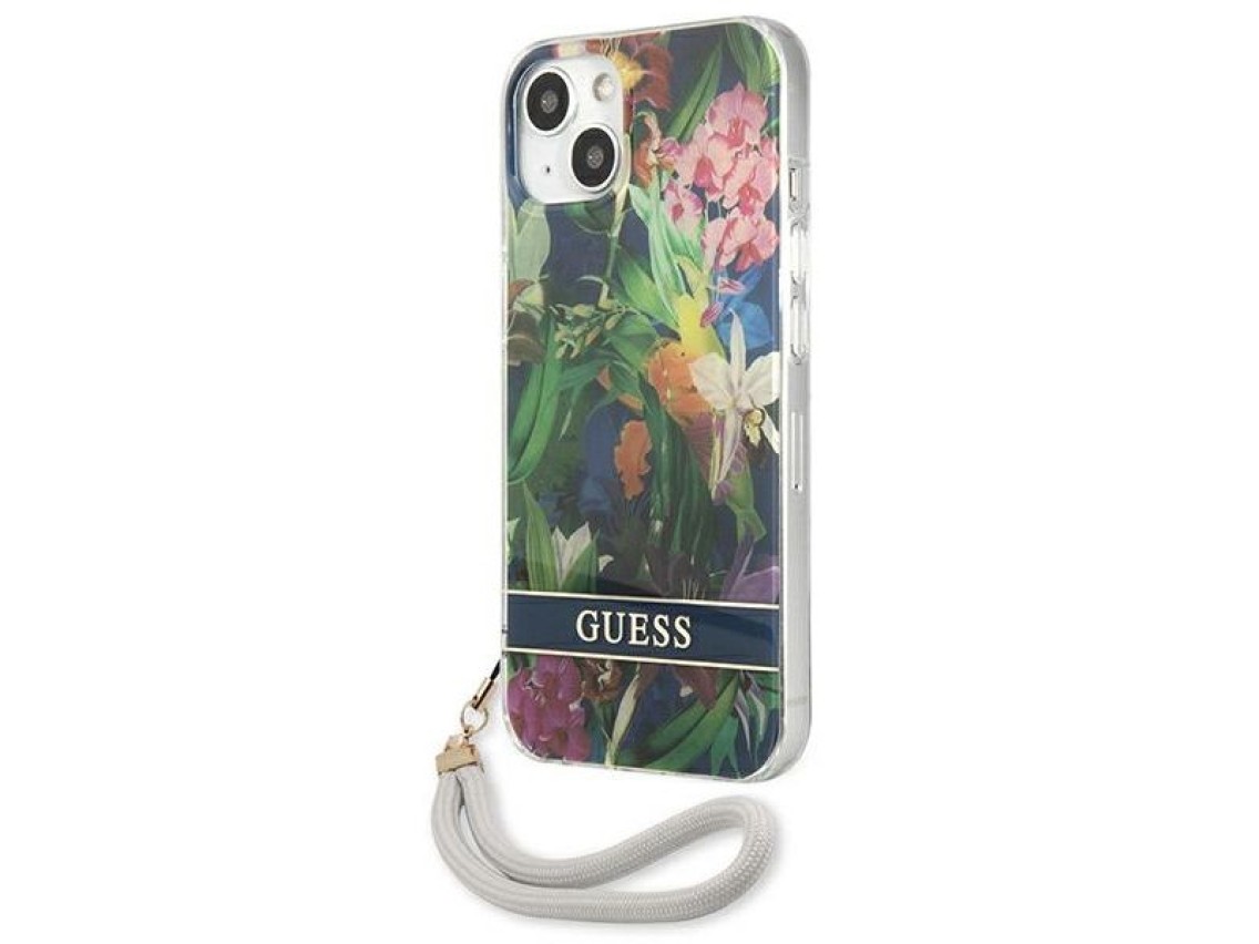 Capa rígida azul/azul Guess GUHCP13SHFLSB para iPhone 13 mini 5.4" com alça de flor