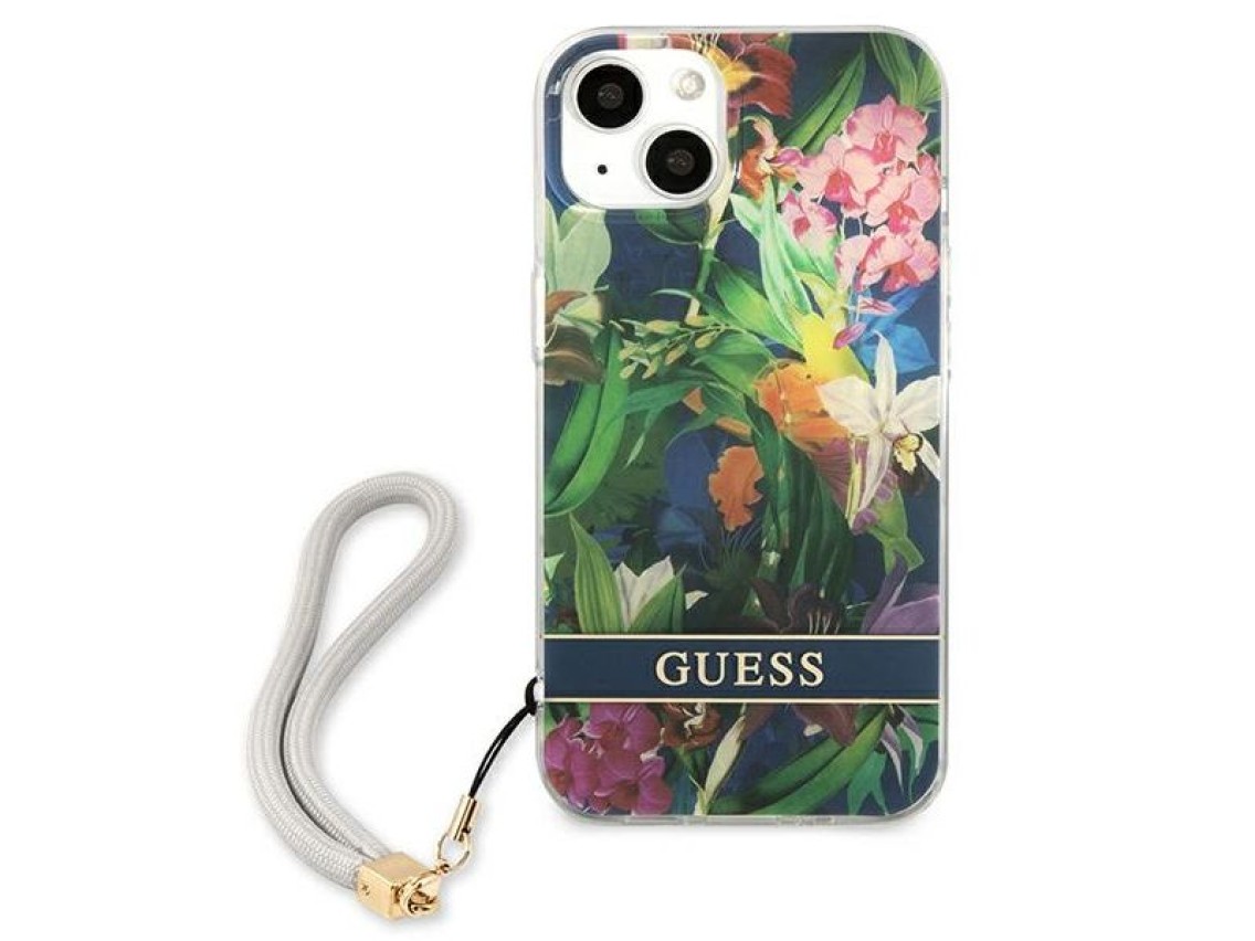 Capa rígida azul/azul Guess GUHCP13SHFLSB para iPhone 13 mini 5.4" com alça de flor