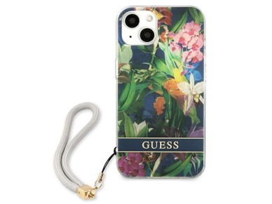 Capa rígida azul/azul Guess GUHCP13SHFLSB para iPhone 13 mini 5.4" com alça de flor Capa rígida azul/azul Guess GUHCP13SHFLSB para iPhone 13 mini 5.4" com alça de flor