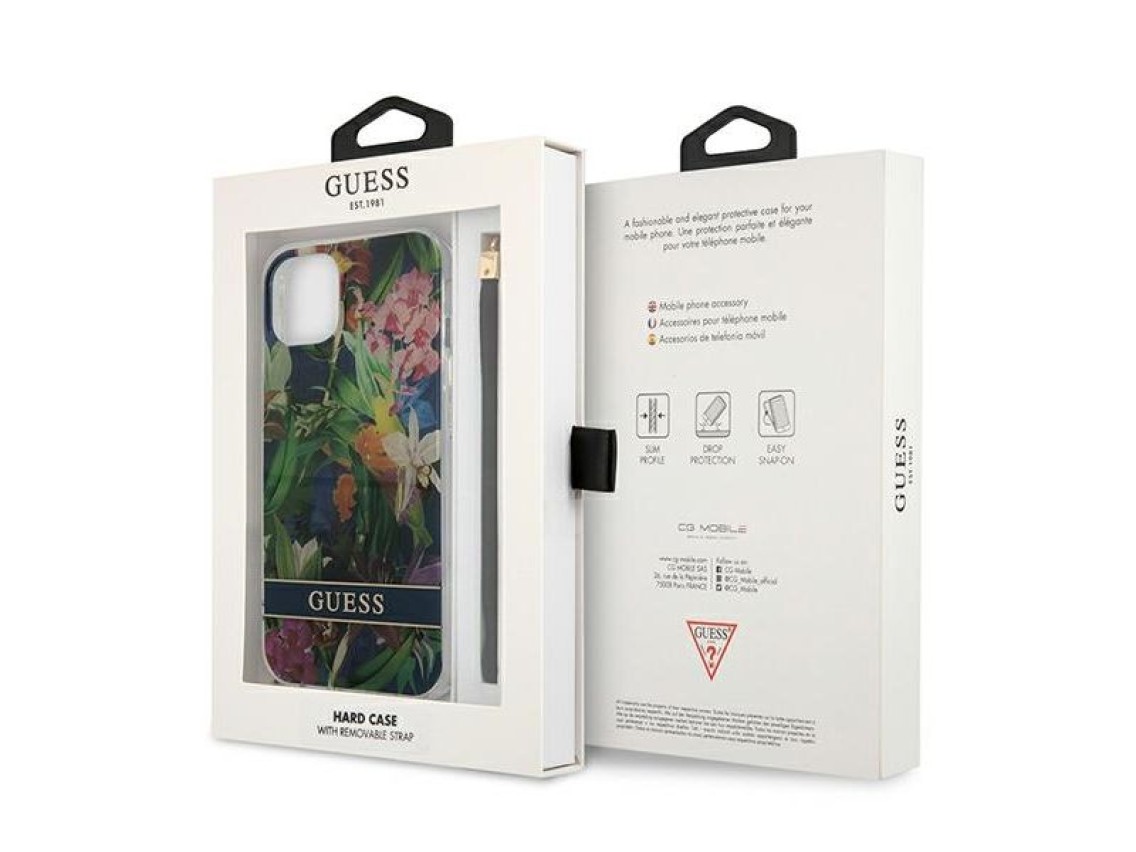 Capa rígida azul/azul Guess GUHCP13SHFLSB para iPhone 13 mini 5.4" com alça de flor