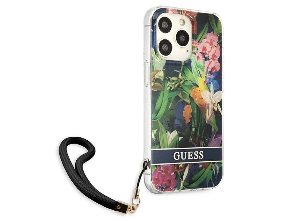 Capa rígida azul/azul com estampa de flores Guess GUHCP13LHFLSB para iPhone 13 Pro / 13 de 6,1".