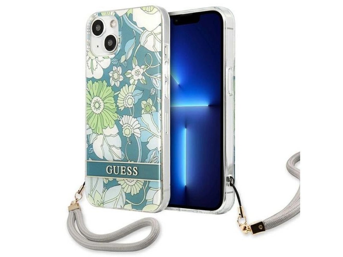 Capa rígida verde/verde Guess GUHCP13SHFLSN para iPhone 13 mini 5.4" com alça floral.