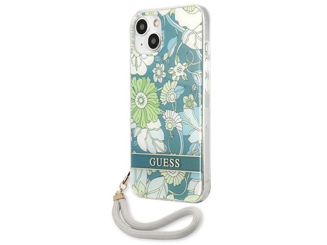 Capa rígida verde/verde Guess GUHCP13SHFLSN para iPhone 13 mini 5.4" com alça floral.