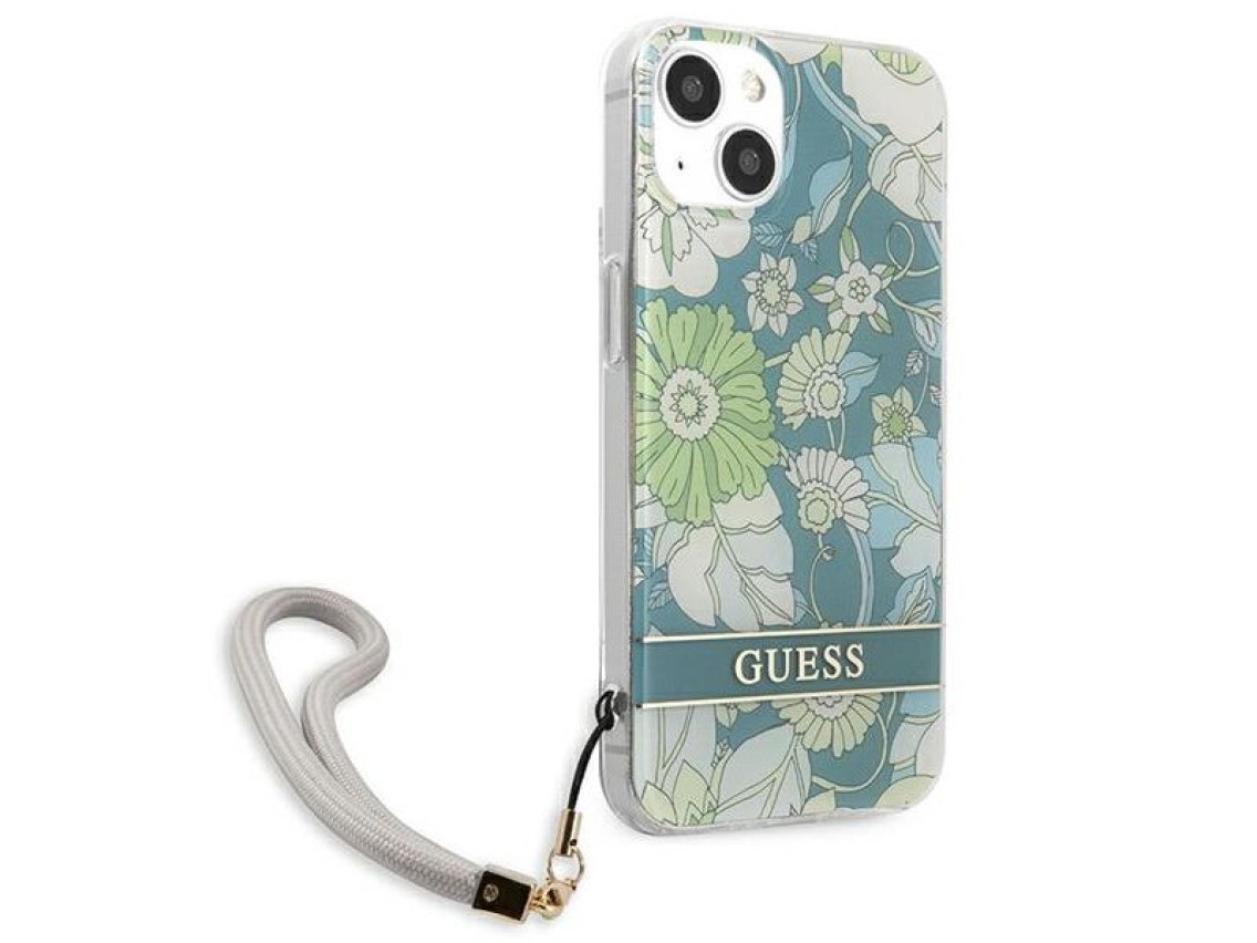 Capa rígida verde/verde Guess GUHCP13SHFLSN para iPhone 13 mini 5.4" com alça floral.