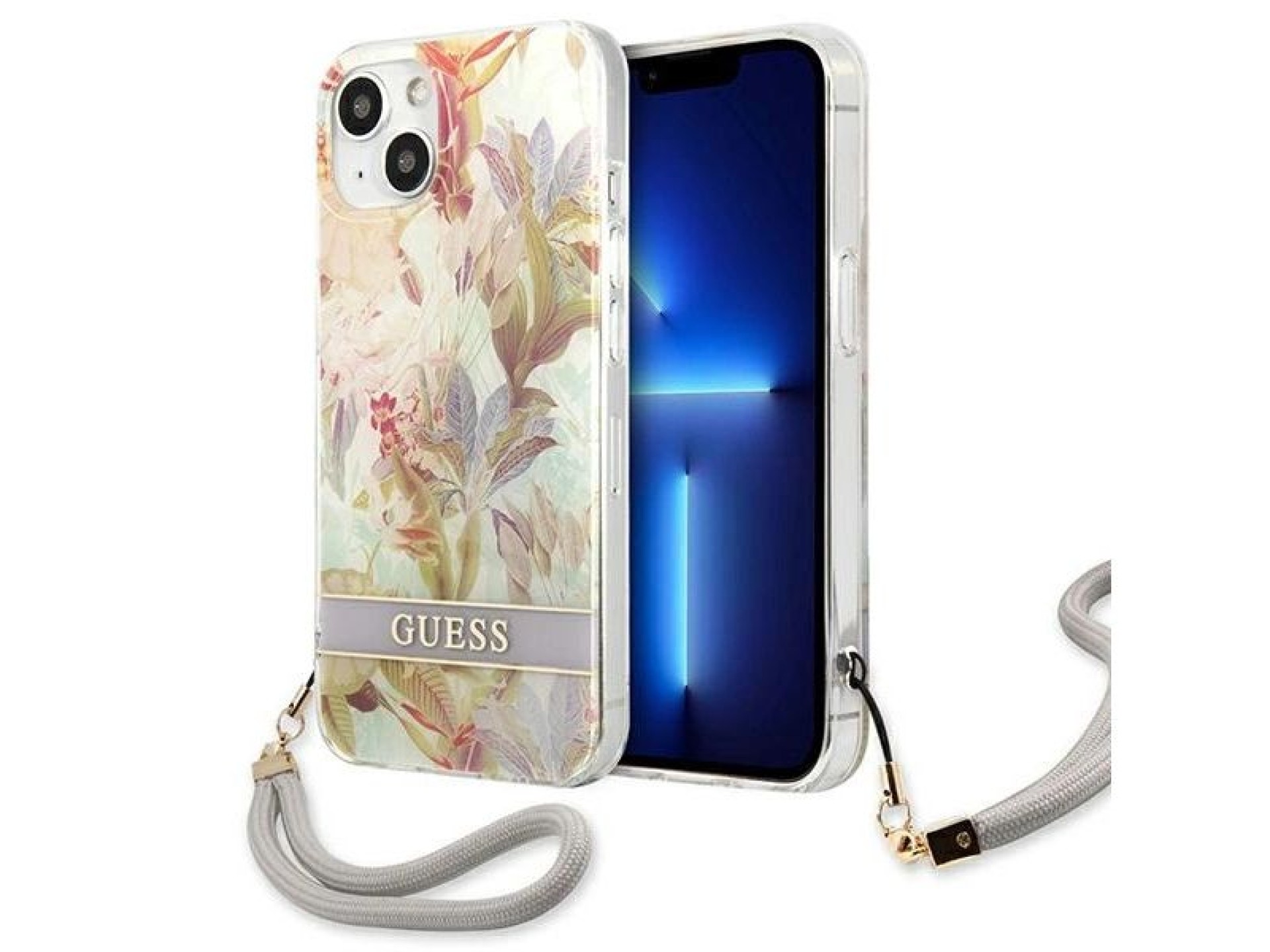 Capa rígida roxa/roxa com estampa de flores Guess GUHCP13SHFLSU para iPhone 13 mini 5.4