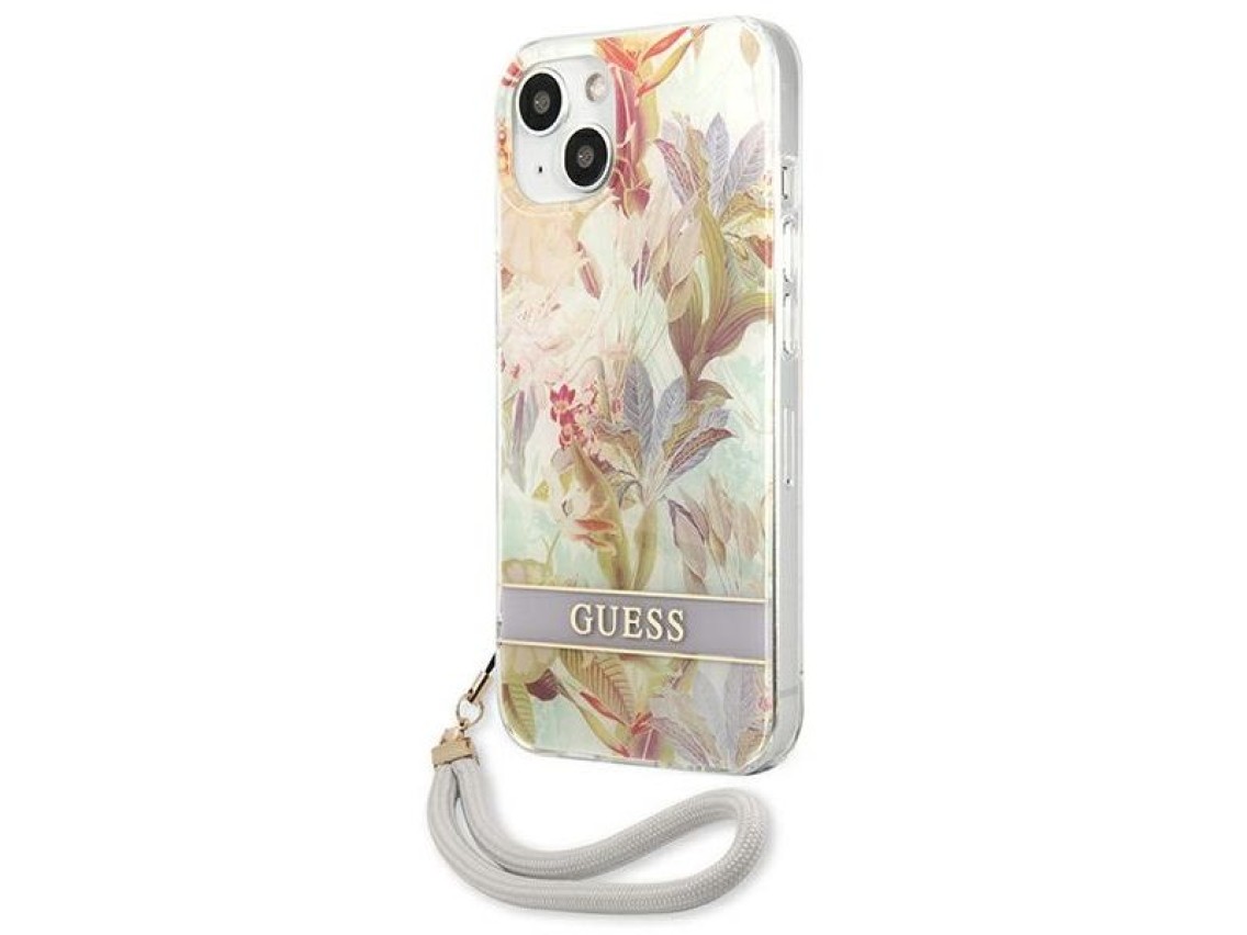 Capa rígida roxa/roxa com estampa de flores Guess GUHCP13SHFLSU para iPhone 13 mini 5.4".