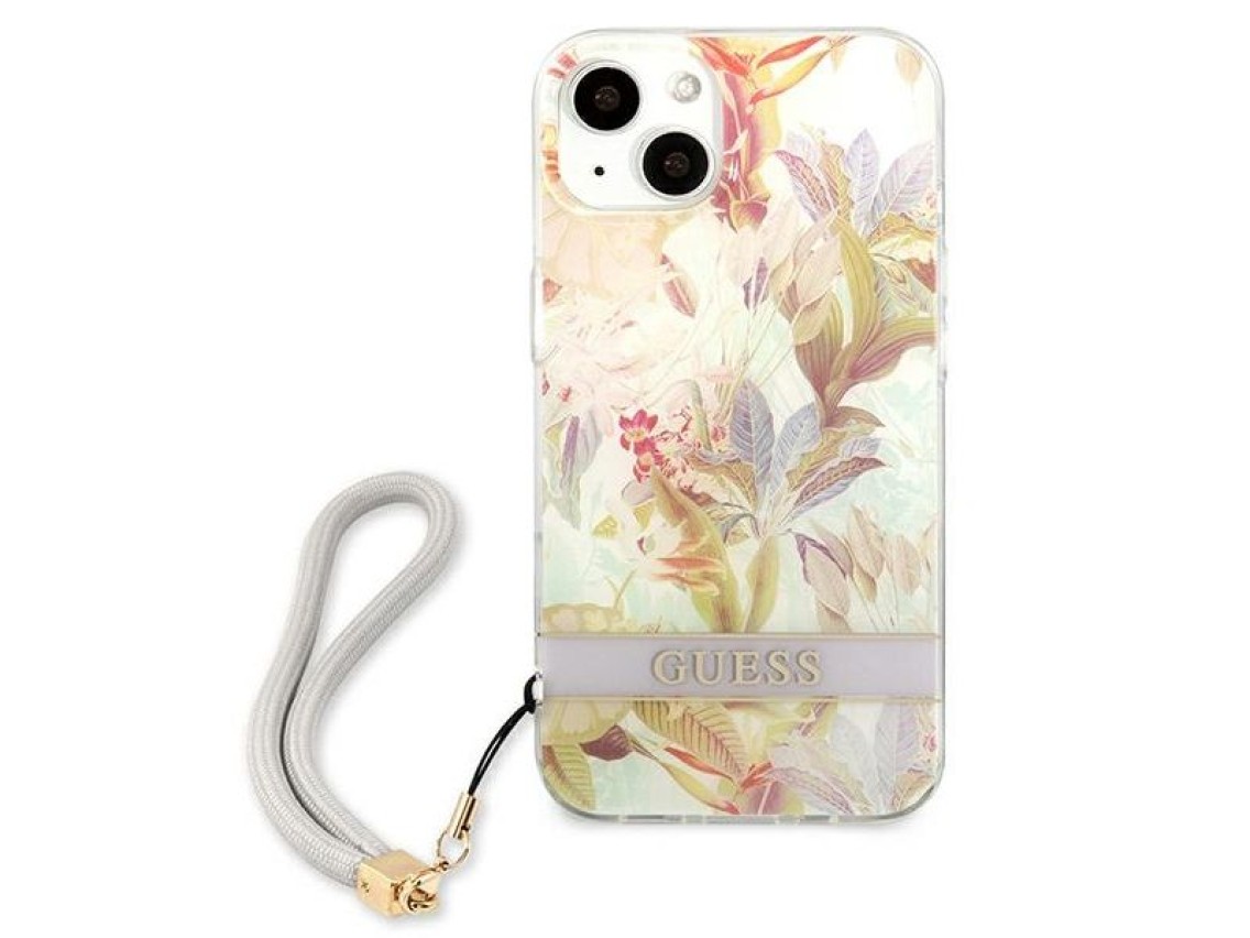 Capa rígida roxa/roxa com estampa de flores Guess GUHCP13SHFLSU para iPhone 13 mini 5.4".